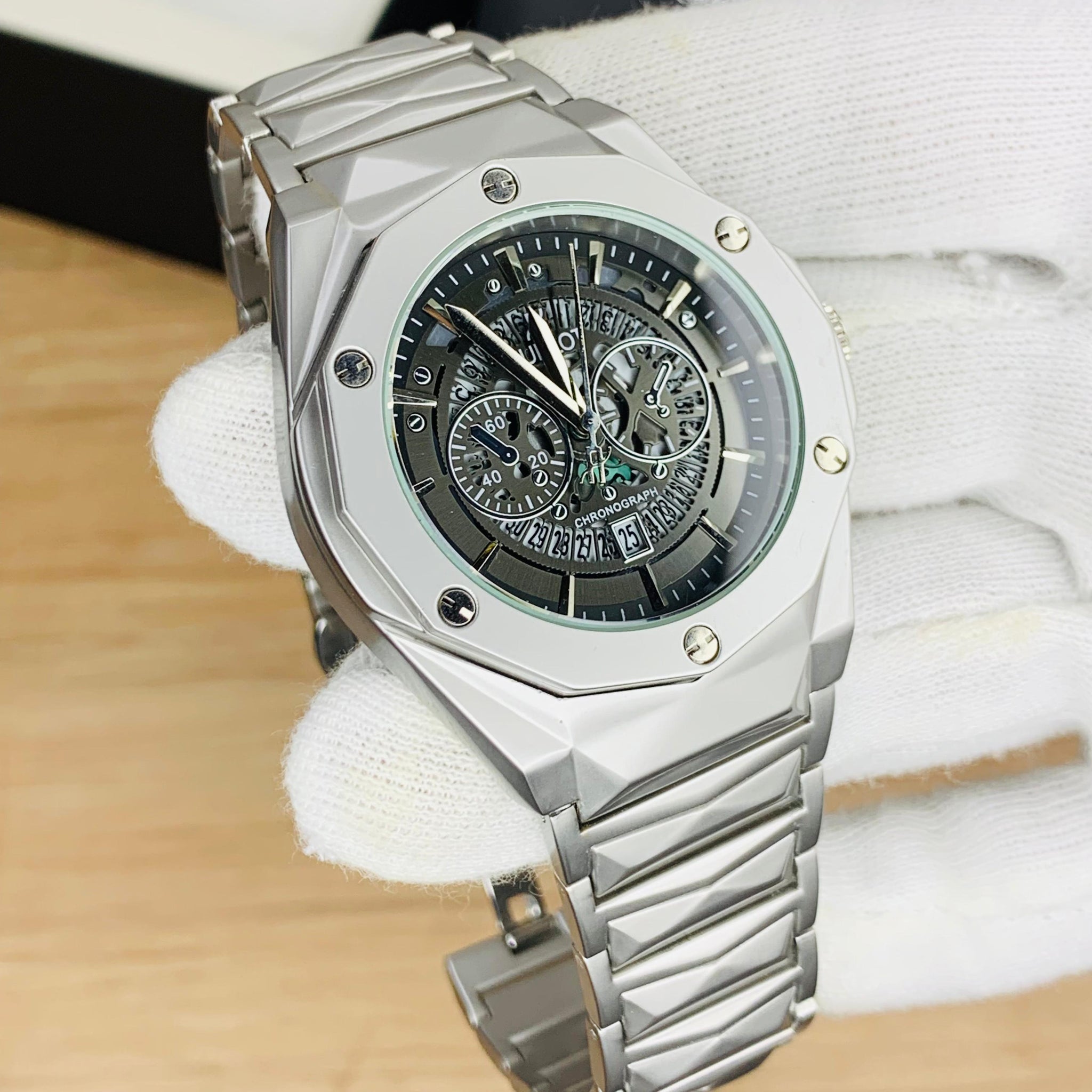 Skeleton Diamond Cut Watch Texture Chain (Silver)